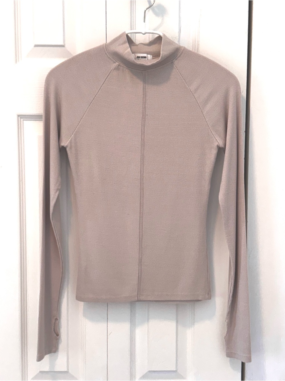 Joah Brown Stitch Mock Neck Long Sleeve in Dune Flex Rib (Size XS/S).